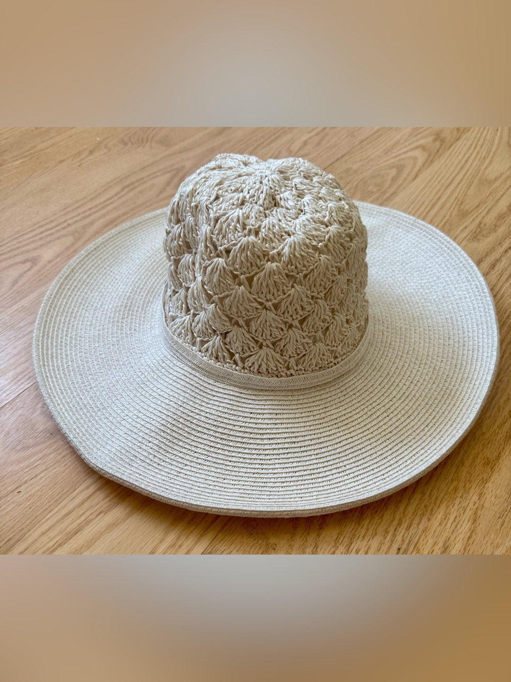 Scala Collezione Wide Brim Sun Hat Crochet Raffia Paper Straw Bohemian Cream